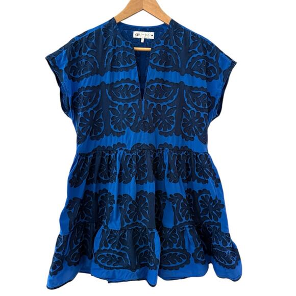 Zara Embroidered Fit & Flare Mini Dress Blue Size Small - Picture 4 of 10